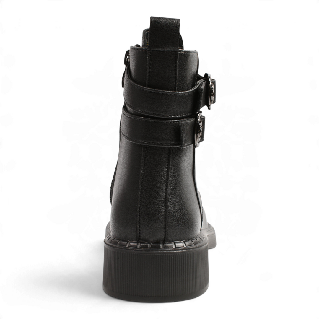 ada-shoes.ro Anna Viotti black leather ankle boots with decorative buckles and side zipper, rear view