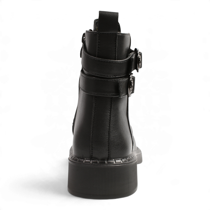 ada-shoes.ro Anna Viotti black leather ankle boots with decorative buckles and side zipper, rear view