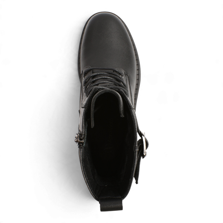 ada-shoes.ro Anna Viotti black leather ankle boots with lace-up front, side zipper, and decorative buckle straps