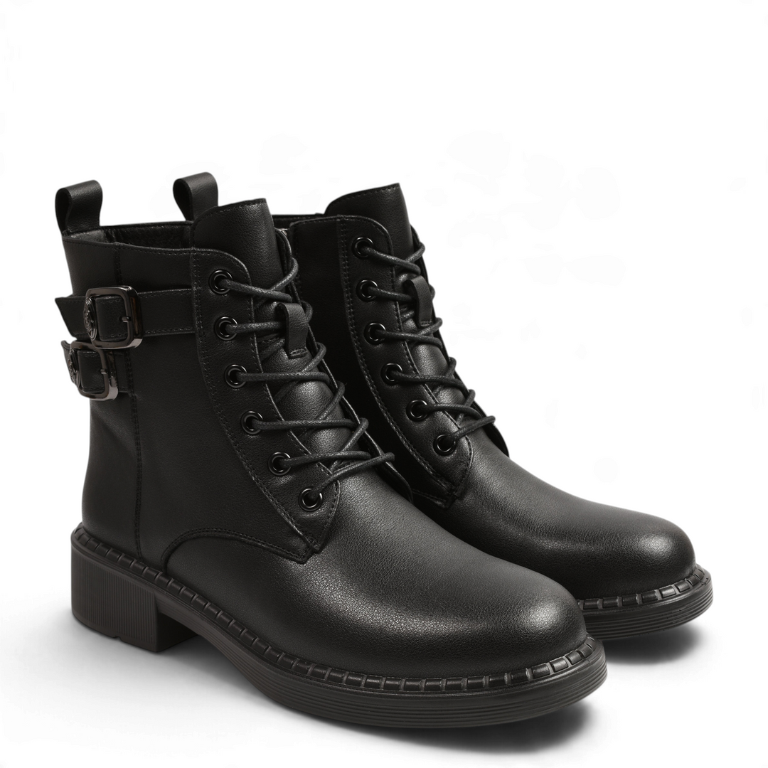 ada-shoes.ro Anna Viotti black leather ankle boots with lace-up front, side zipper, and decorative buckle straps