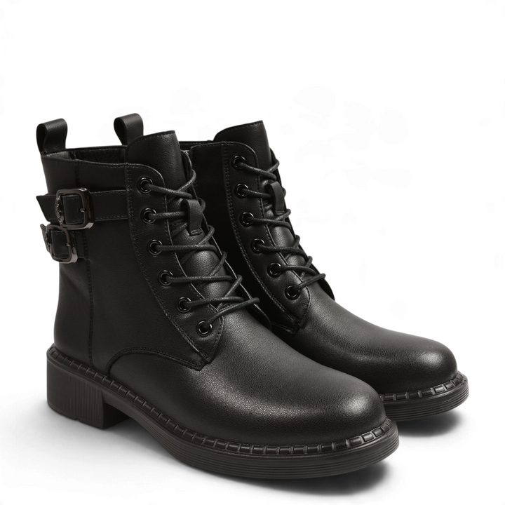 ada-shoes.ro Anna Viotti black leather ankle boots with lace-up front, side zipper, and decorative buckle straps