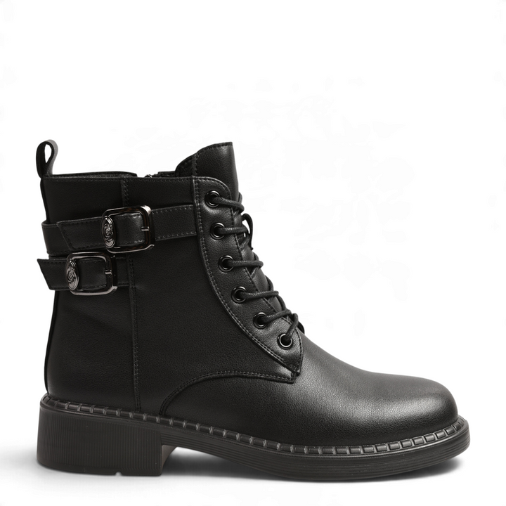 ada-shoes.ro black leather ankle boots with lace-up front, side zipper, and decorative buckled straps at the ankle