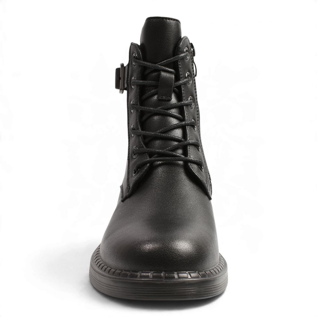 ada-shoes.ro black leather ankle boots with lace-up front, side zipper, and decorative buckle detail