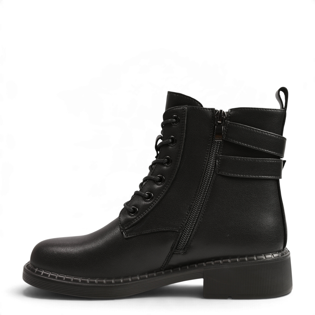 ada-shoes.ro Anna Viotti black leather ankle boots with side zipper, lace-up front, and decorative buckle straps