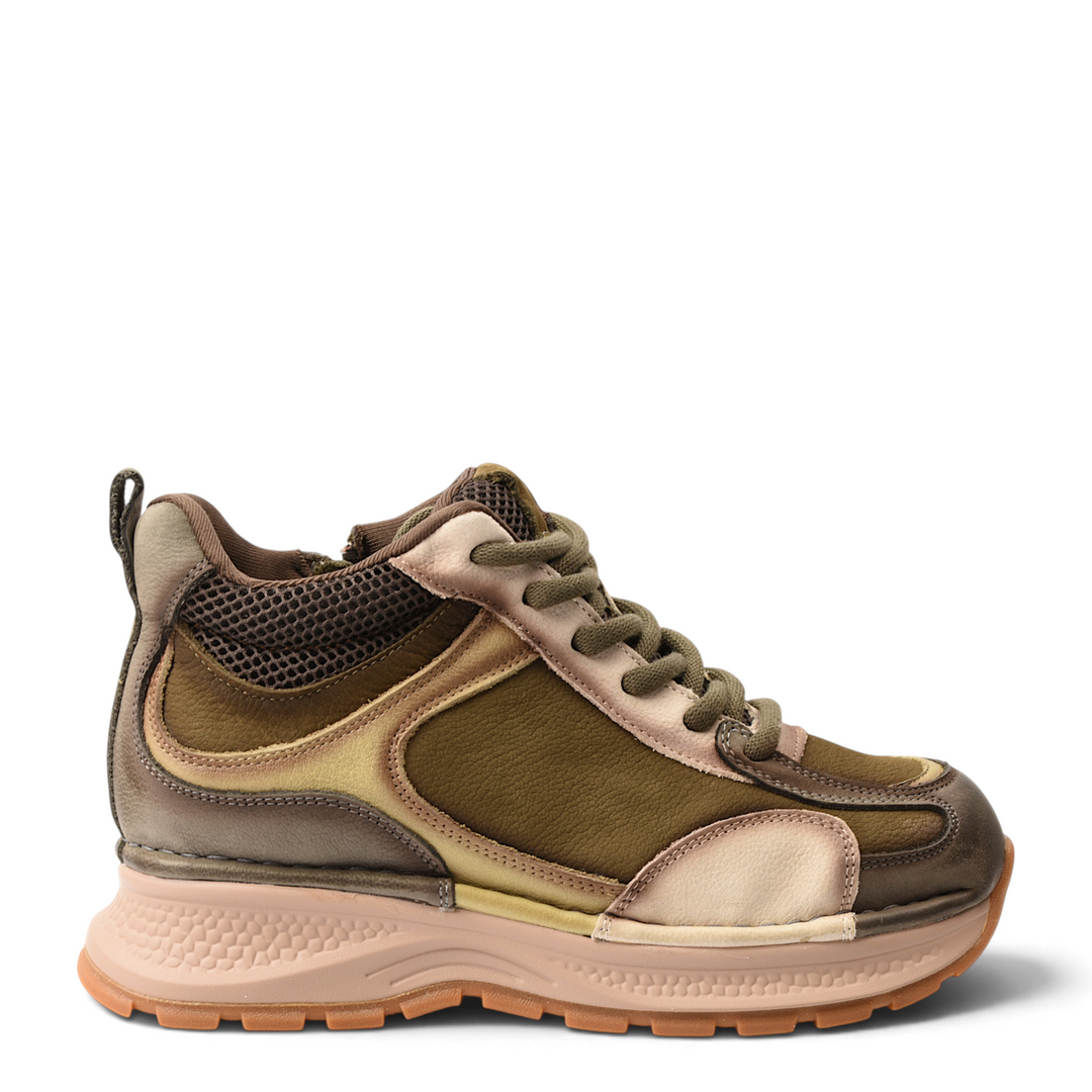 ada-shoes.ro 8001-K khaki nubuck leather sneakers with lace-up closure, side zipper, and thick platform sole
