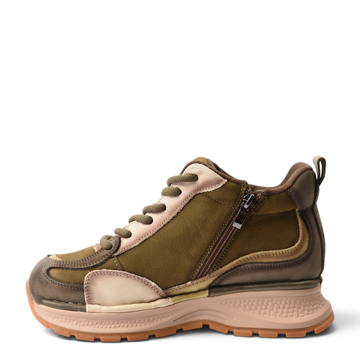 ada-shoes.ro 8001-K khaki nubuck leather sneakers with side zipper, lace-up closure, and chunky 3cm platform sole.