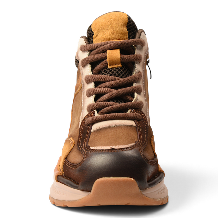 ada-shoes.ro brown nubuck leather ankle boots with orange and beige accents, lace-up front, and robust rubber sole.