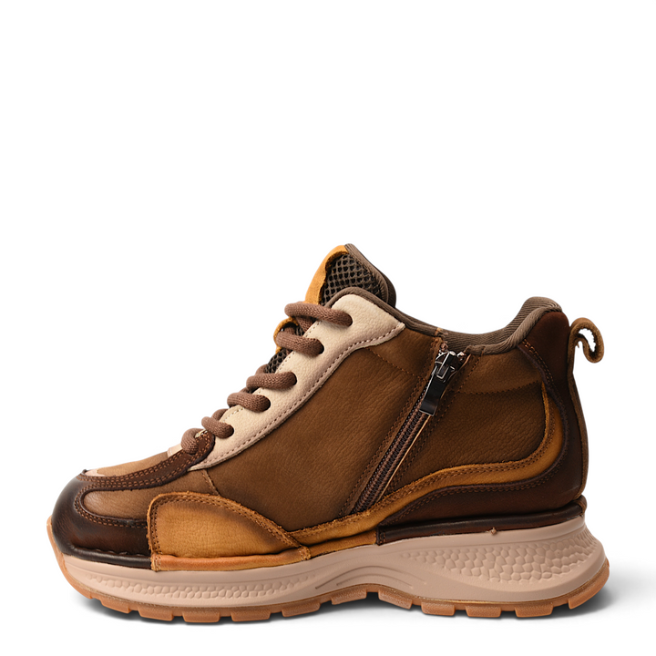 ada-shoes.ro brown nubuck leather sport-casual ankle boots with side zipper, laces, and a chunky beige rubber sole.
