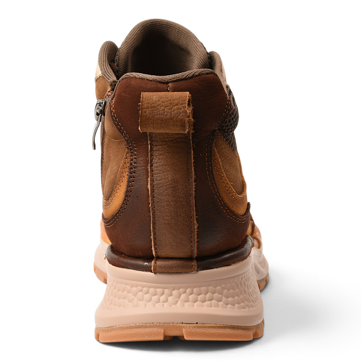 ada-shoes.ro brown nubuck leather ankle boots with side zipper and textured beige sole, rear view