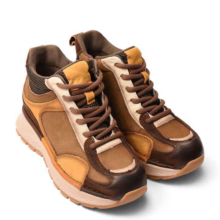 ada-shoes.ro brown nubuck leather sport-casual ankle boots with orange and beige accents and a thick rubber sole.