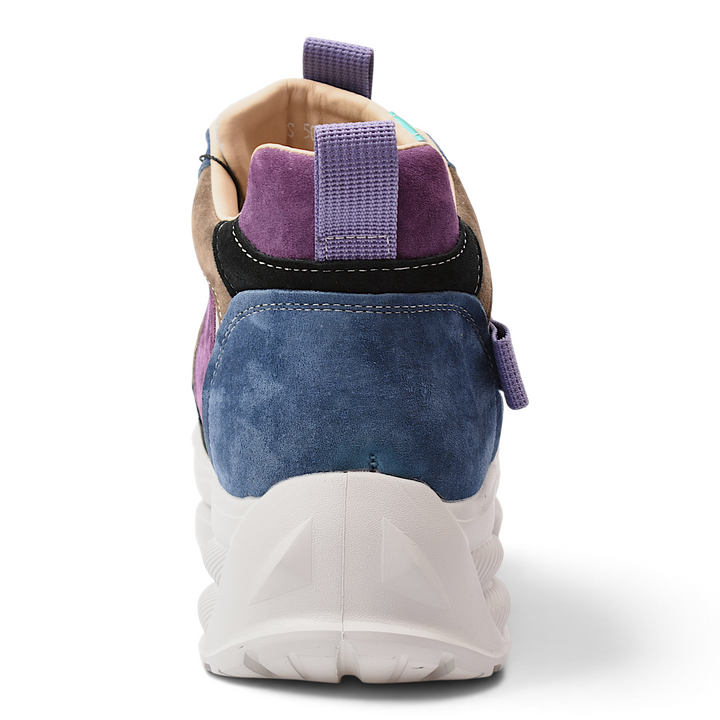 ada-shoes.ro Franco Gerardo suede sneakers in purple, blue, and black with a chunky white sole, rear view.