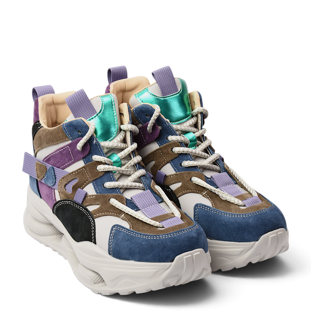 ada-shoes.ro Franco Gerardo suede chunky sneakers in black, blue, purple, and beige with lace-up closure.