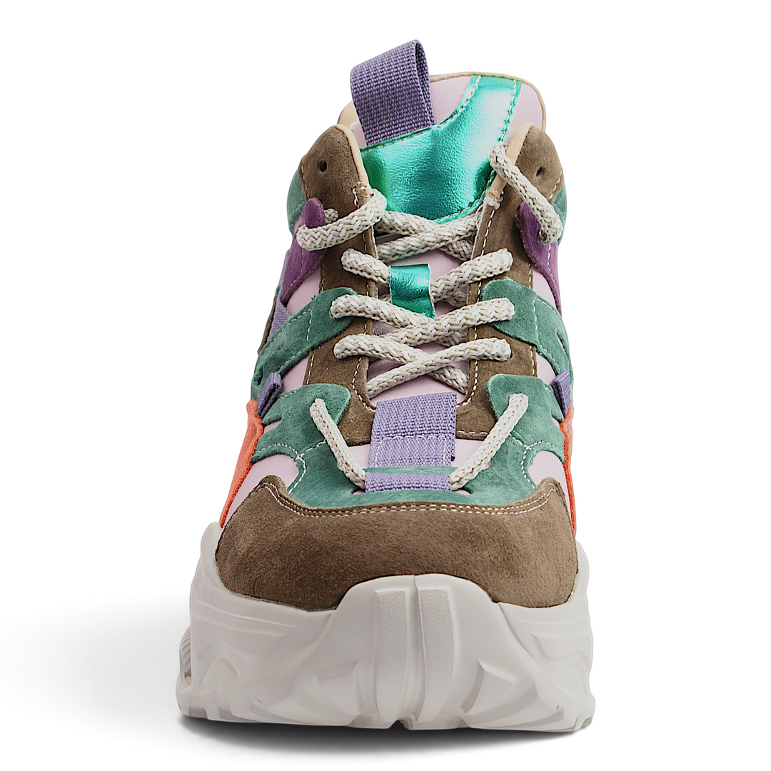 ada-shoes.ro Franco Gerardo suede chunky sneakers in brown, purple, orange, and beige with lace-up closure.