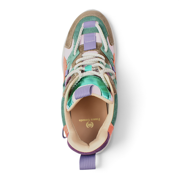 ada-shoes.ro Franco Gerardo suede chunky sneakers in brown, purple, orange, and beige with lace-up closure.