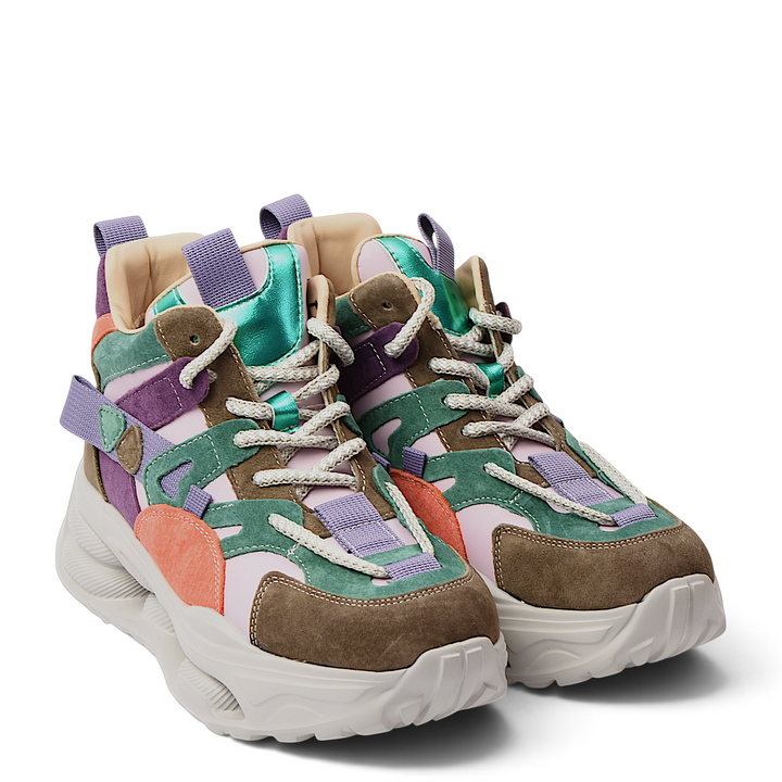 ada-shoes.ro Franco Gerardo suede chunky sneakers in a vibrant mix of brown, purple, orange, green, and beige.