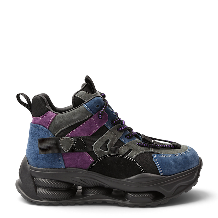 ada-shoes.ro Franco Gerardo suede ankle sneakers in black, blue, purple, and grey with a chunky black platform sole.