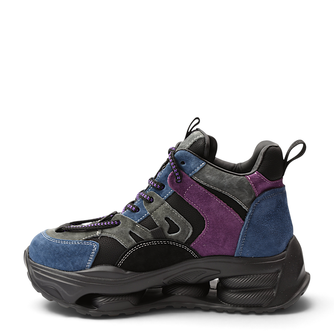 ada-shoes.ro Franco Gerardo suede chunky sneakers in black, blue, purple, and grey with lace-up closure and thick sole.