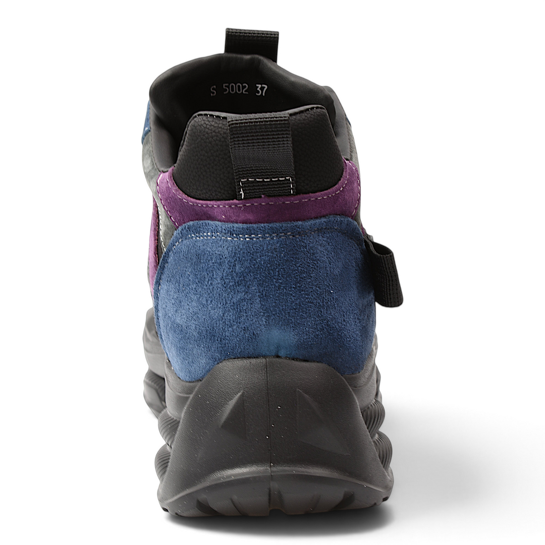 ada-shoes.ro Franco Gerardo suede ankle boots in black, blue, and purple with a chunky black sole, rear view.