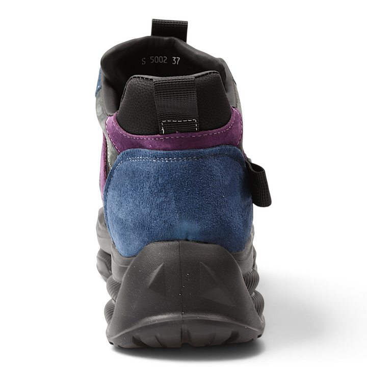 ada-shoes.ro Franco Gerardo suede ankle boots in black, blue, and purple with a chunky black sole, rear view.