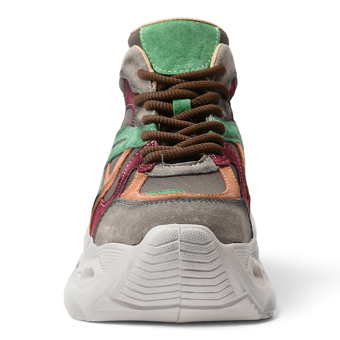 ada-shoes.ro suede sneakers in grey, green, and burgundy with a thick white platform sole and lace-up closure