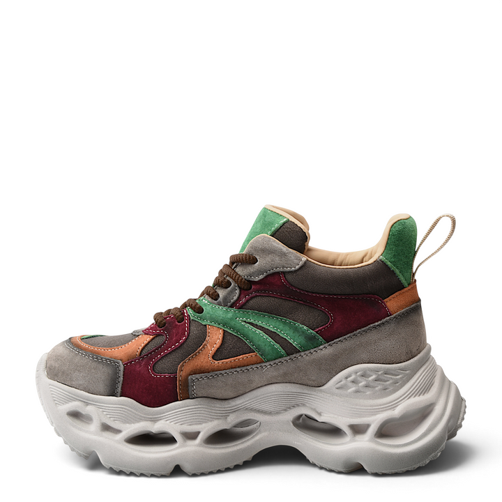 ada-shoes.ro suede sneakers in grey, green, and burgundy with a chunky white platform sole and lace-up closure.