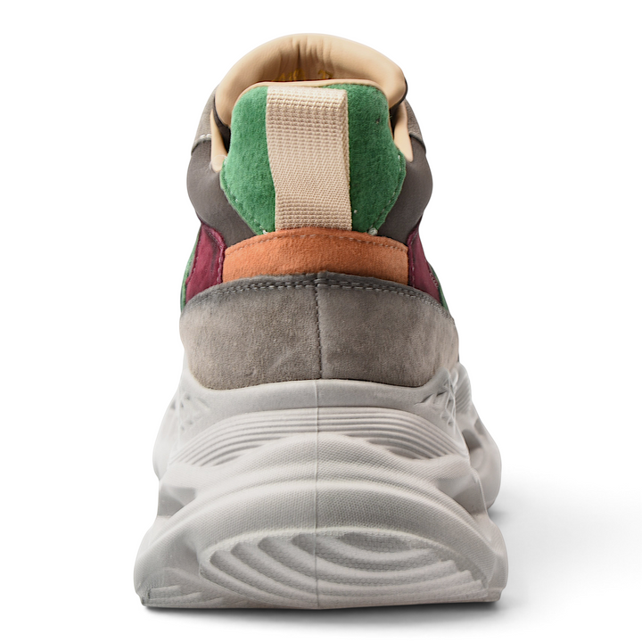 ada-shoes.ro Ghete HY6398-G suede sneakers in grey, green, and burgundy with a thick, flexible white platform sole.