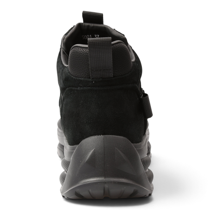 ada-shoes.ro Franco Gerardo black suede chunky sport boots, rear view showing sculptural sole and pull tab