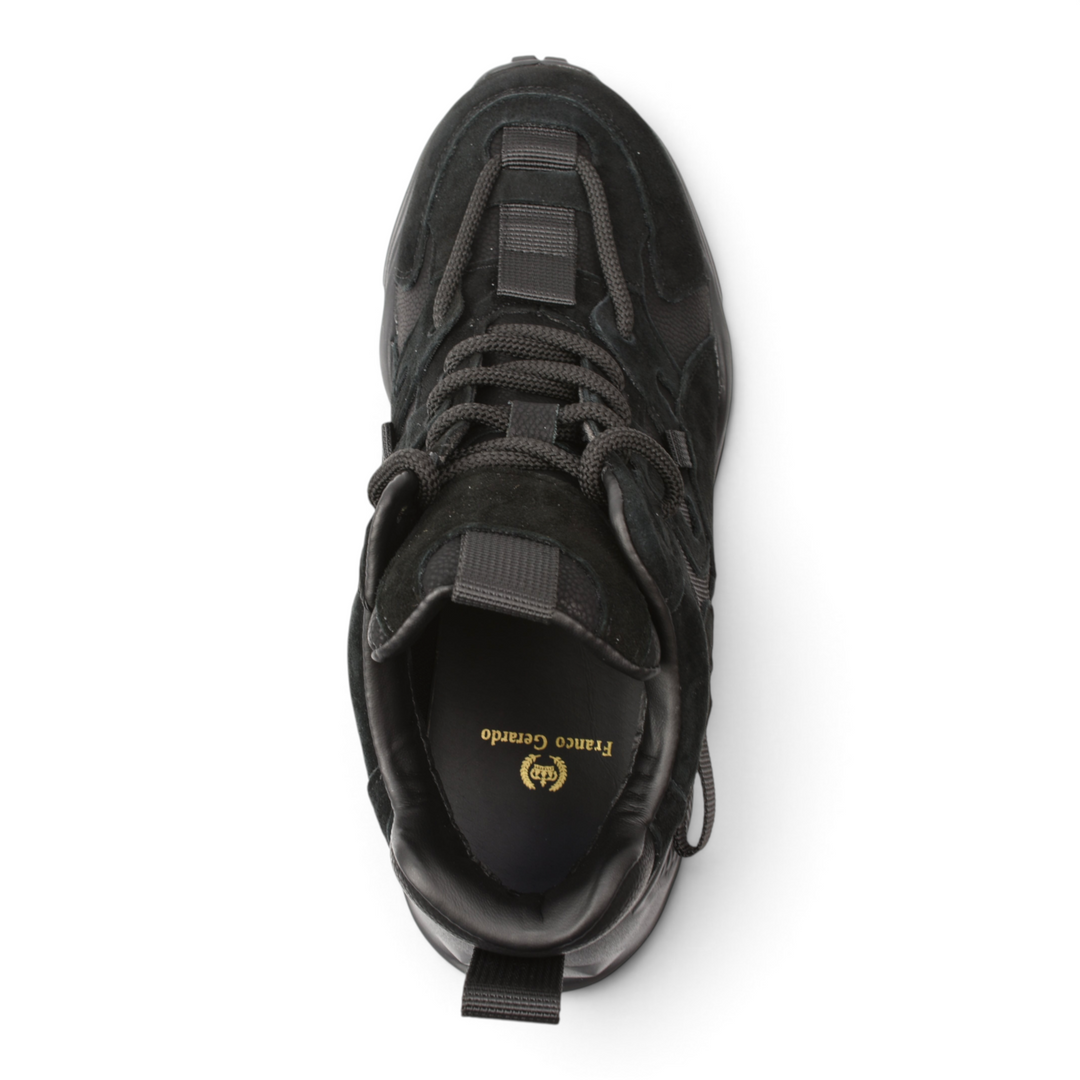 Top view of black suede Franco Gerardo S5001-N chunky sneakers from ada-shoes.ro with lace-up closure and pull tabs.