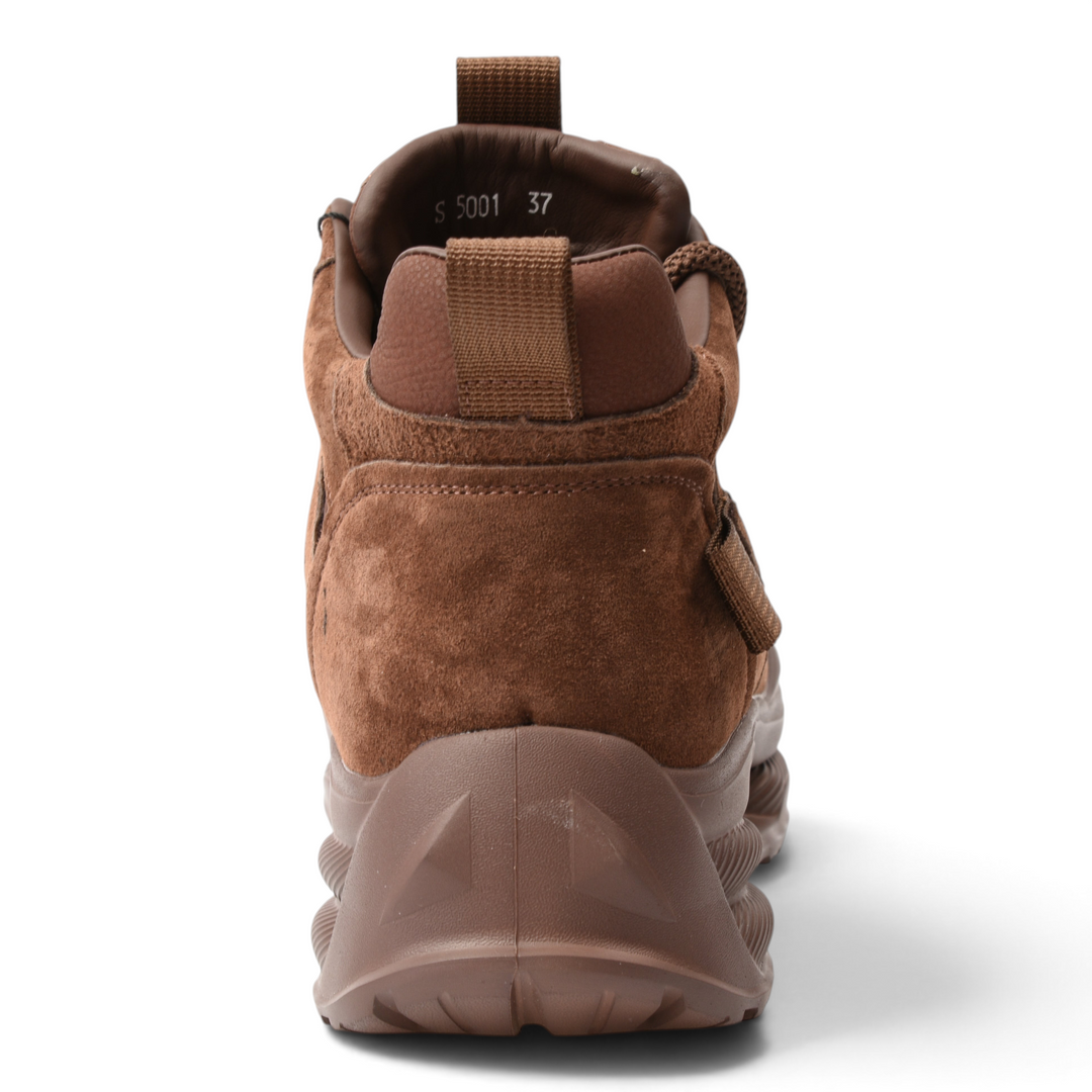 ada-shoes.ro Franco Gerardo brown suede ankle boots with a chunky sculptural sole and rear pull tab, back view.