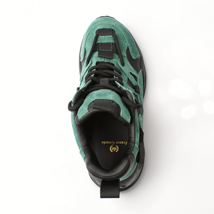 Top view of ada-shoes.ro Franco Gerardo green suede sneakers with black laces and a comfortable platform sole.