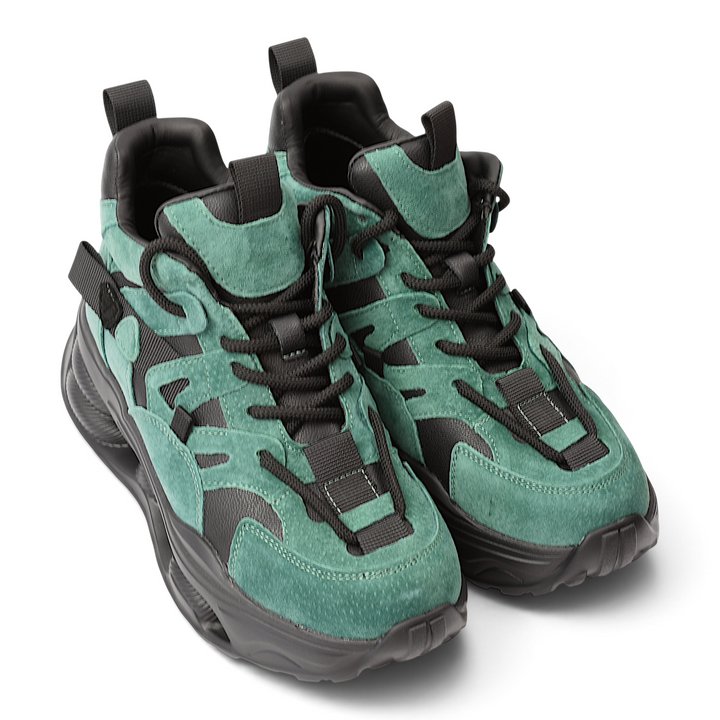 ada-shoes.ro Franco Gerardo S5001-V green suede sneakers with black leather accents and a chunky platform sole.