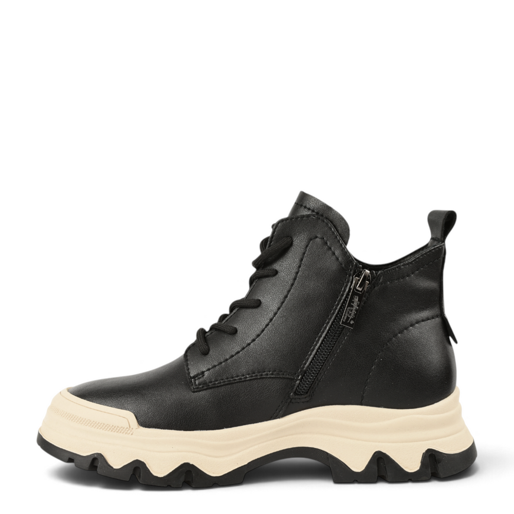 ada-shoes.ro black leather sneaker boots with a thick cream lug sole and side zipper, side view