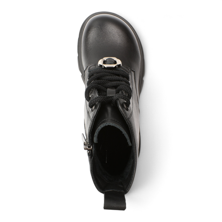 ada-shoes.ro black leather combat boots with thick track soles, front laces, and a decorative silver metal ornament.