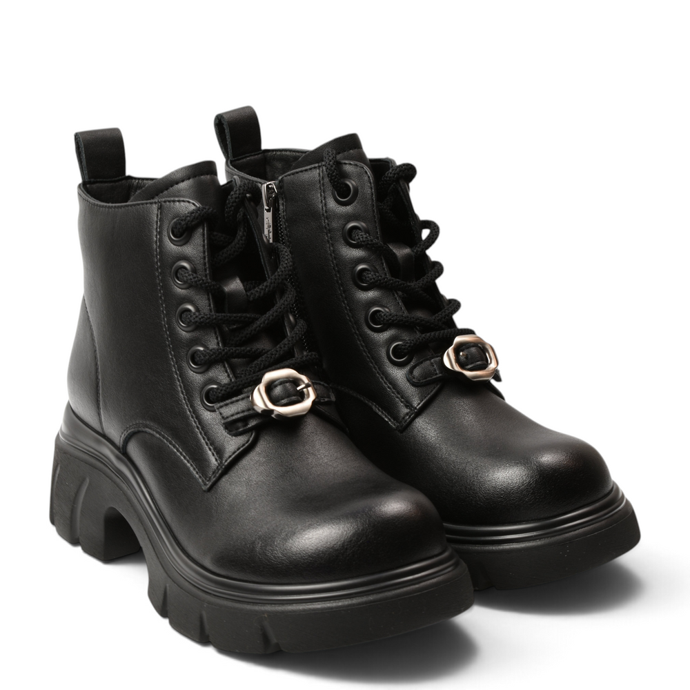 ada-shoes.ro black leather combat boots with thick track soles, front laces, and decorative metal buckle detail.