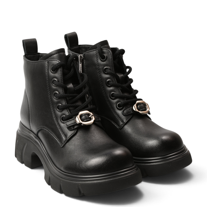 ada-shoes.ro black leather combat boots with thick track soles, front laces, and decorative metal buckle detail.