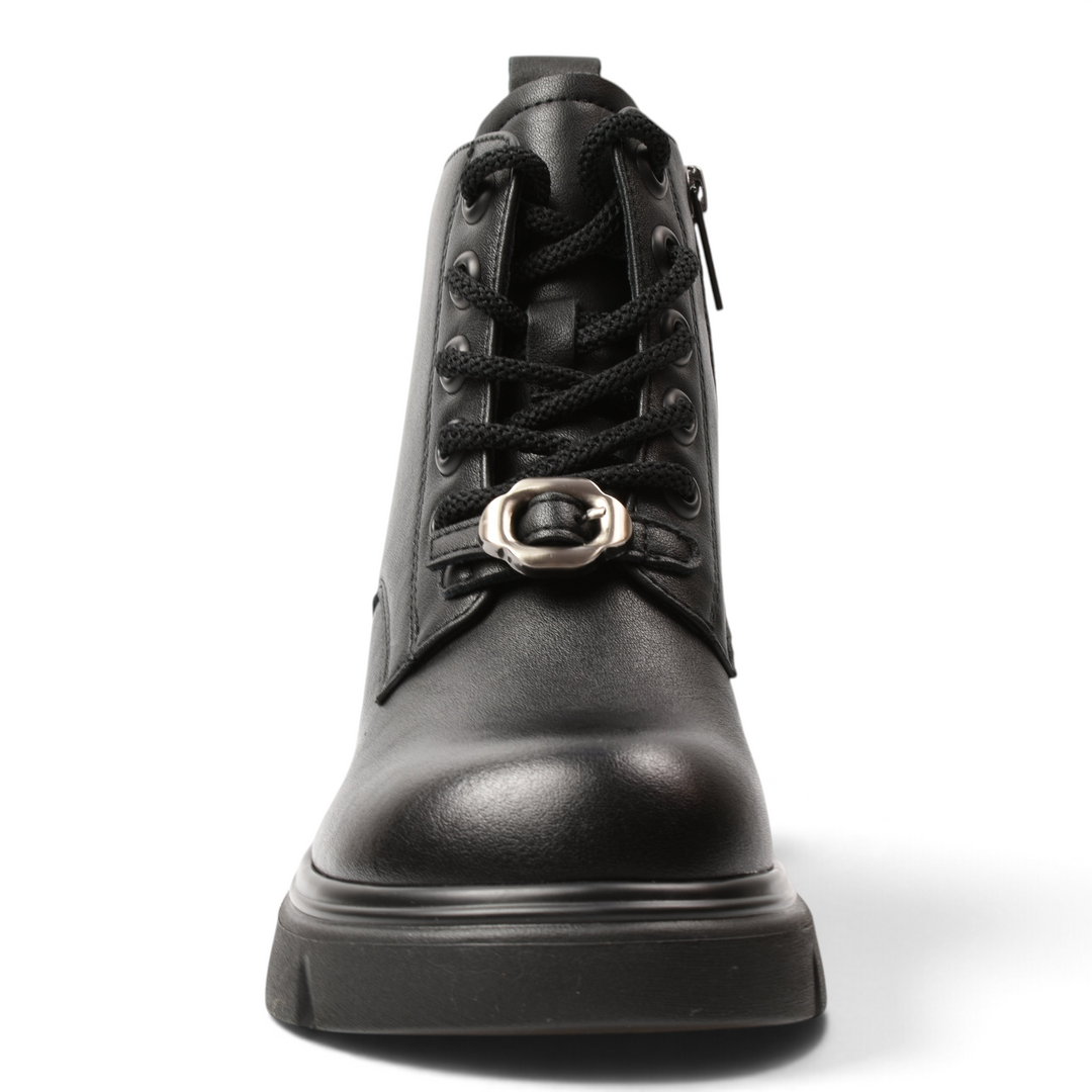 ada-shoes.ro black leather combat boots with thick track sole, front laces, and decorative metal buckle detail