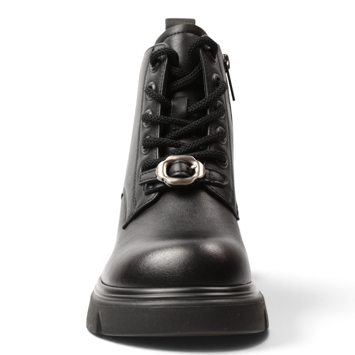 ada-shoes.ro black leather combat boots with thick track sole, front laces, and decorative metal buckle detail