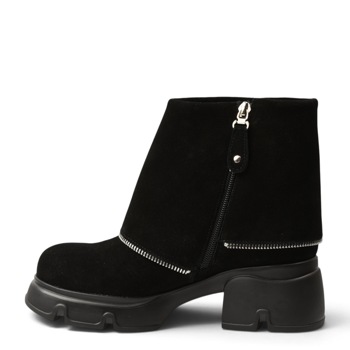ada-shoes.ro black suede ankle boots with a chunky lug sole and a decorative silver circular zipper detail
