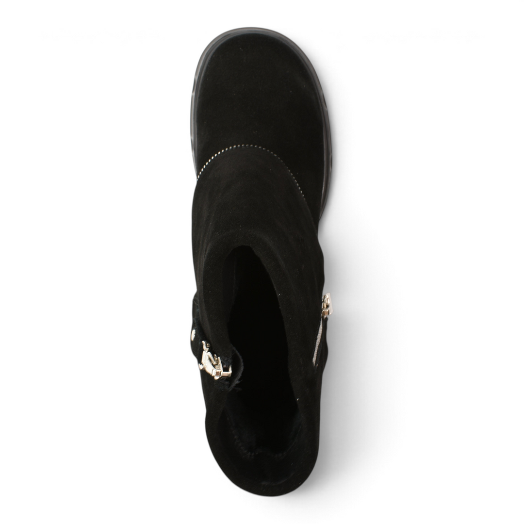 ada-shoes.ro black suede ankle boots with a decorative silver circular zipper detail and thick sole, top view