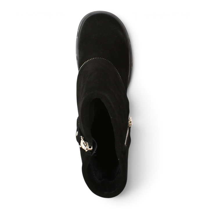 ada-shoes.ro black suede ankle boots with a decorative silver circular zipper detail and thick sole, top view