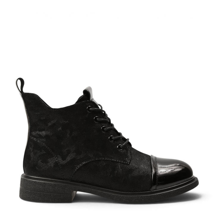 ada-shoes.ro black leather ankle boots with floral texture, patent leather toe cap, laces, and side zipper.