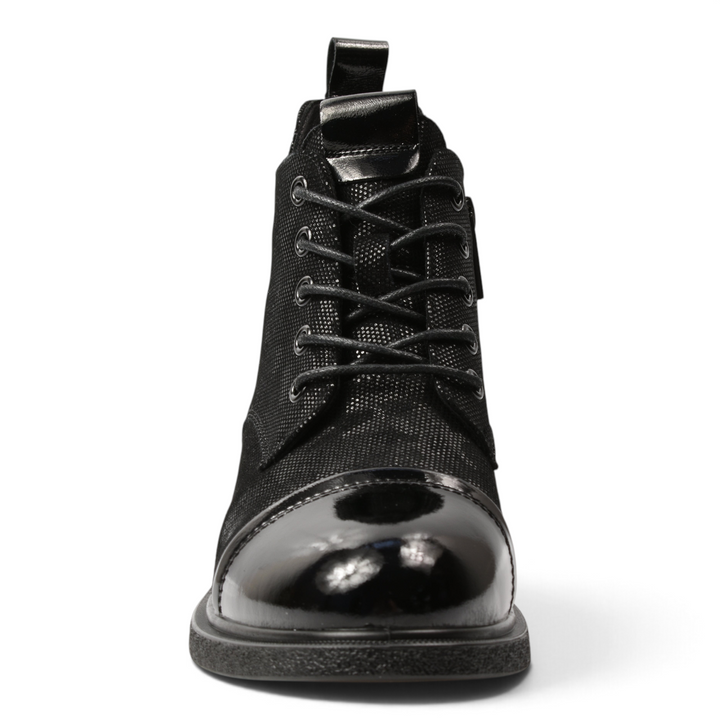 ada-shoes.ro black leather ankle boots with lace-up front, patent leather toe cap, and textured finish