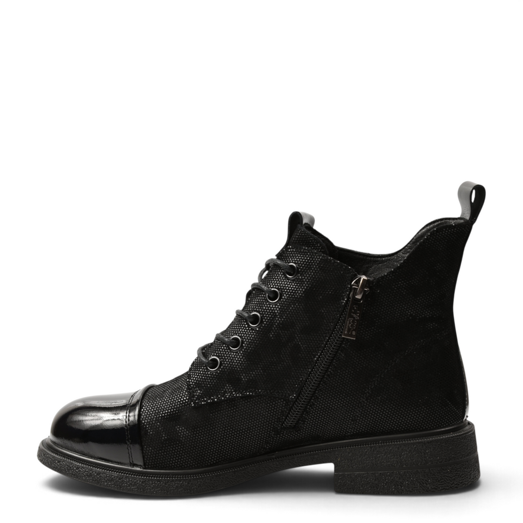 ada-shoes.ro Pass Collection black leather ankle boots with floral texture, patent leather toe cap, and side zipper.