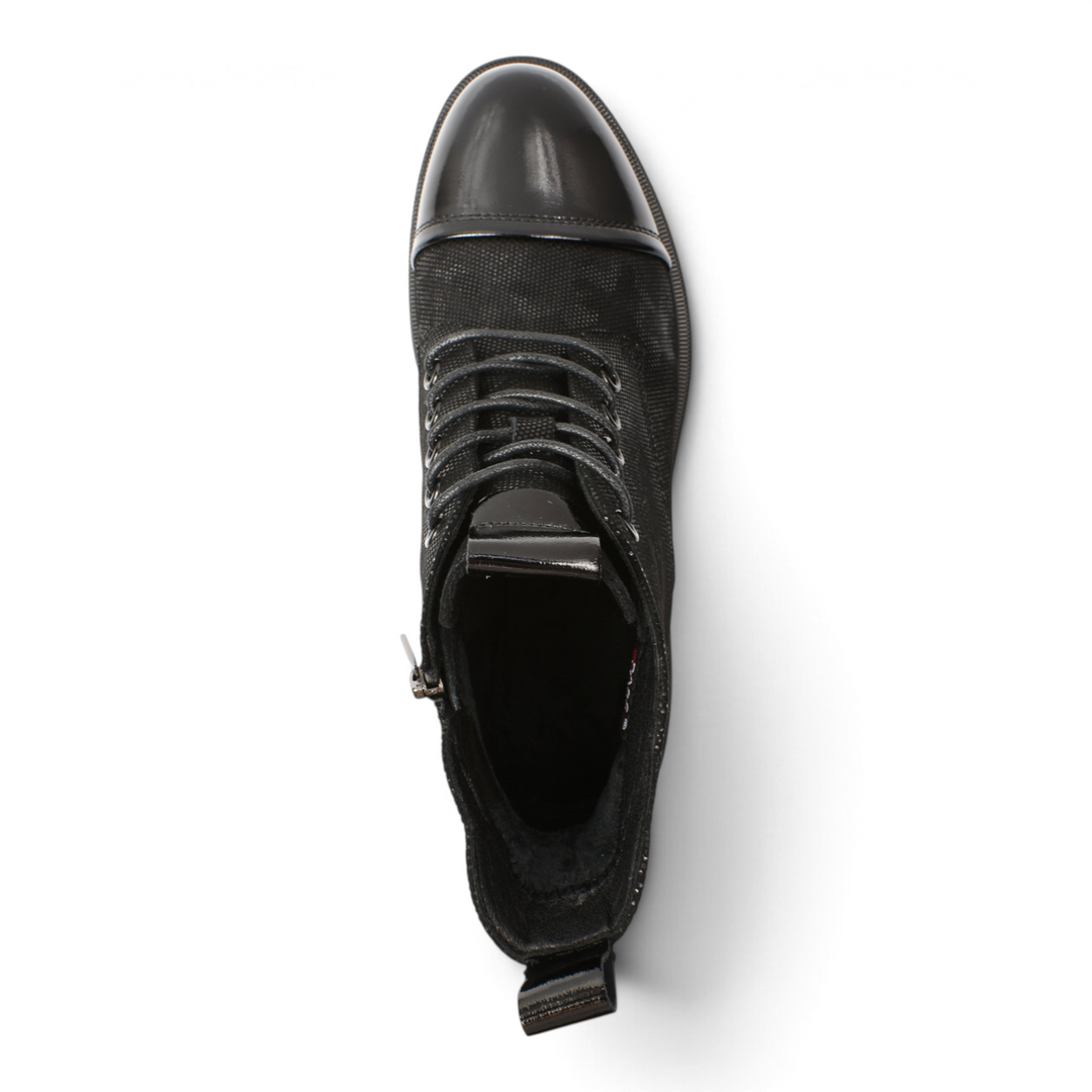 ada-shoes.ro black leather ankle boots with lace-up front, side zipper, and glossy patent leather toe cap