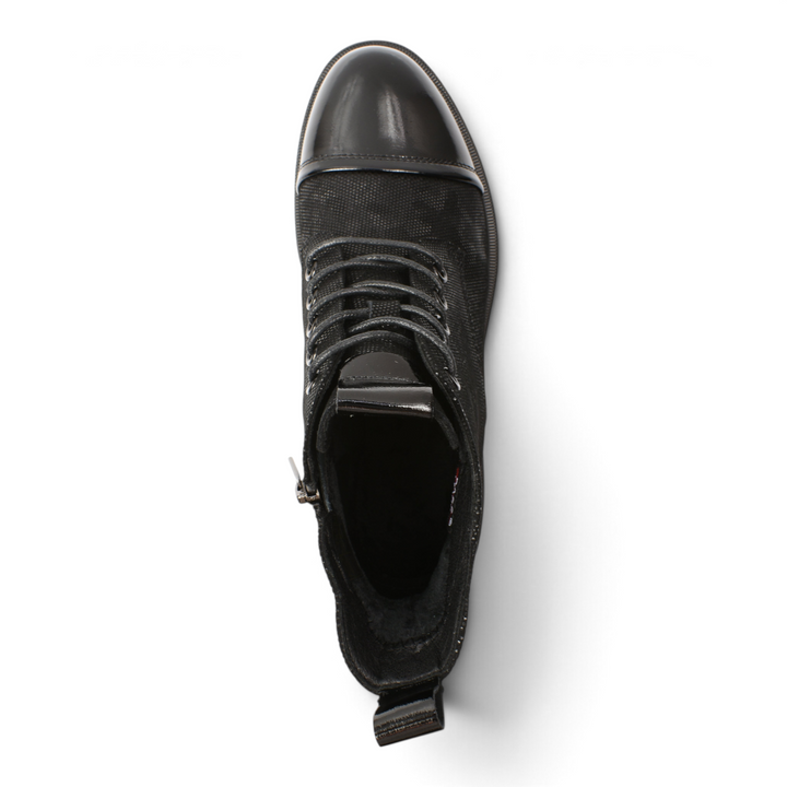 ada-shoes.ro black leather ankle boots with lace-up front, side zipper, and glossy patent leather toe cap