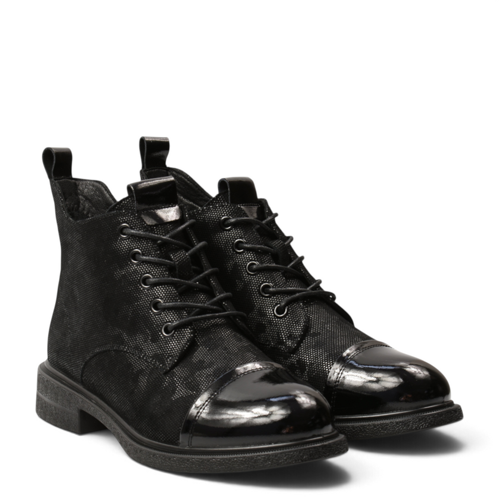 ada-shoes.ro black leather ankle boots with floral texture, patent toe cap, laces, and side zipper for women