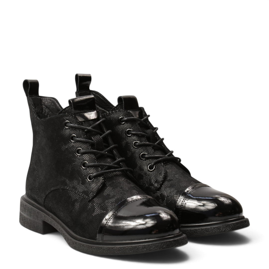 ada-shoes.ro black leather ankle boots with floral texture, patent toe cap, laces, and side zipper for women