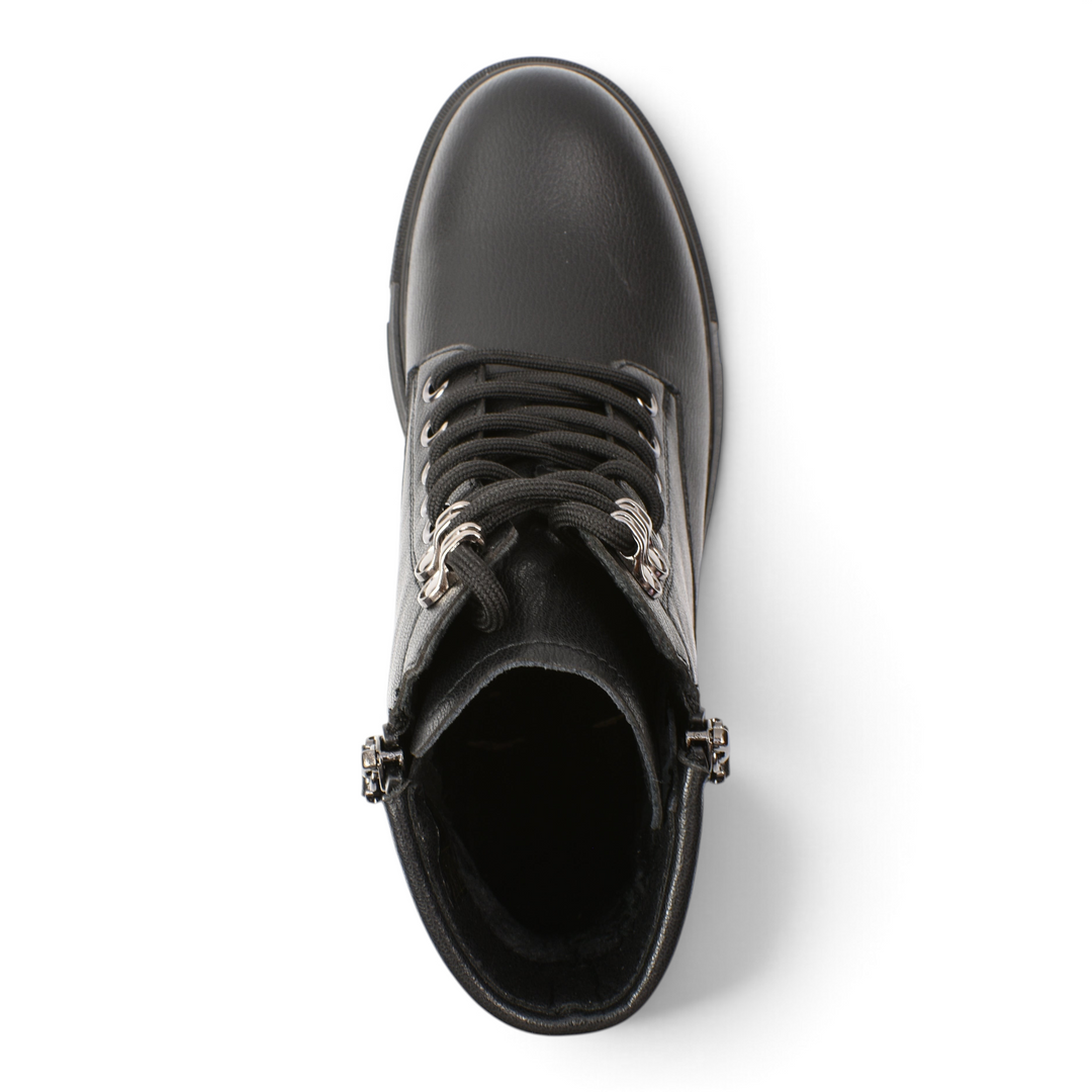 ada-shoes.ro Pass Collection black leather ankle boots with trekking-style metal hooks and side zipper