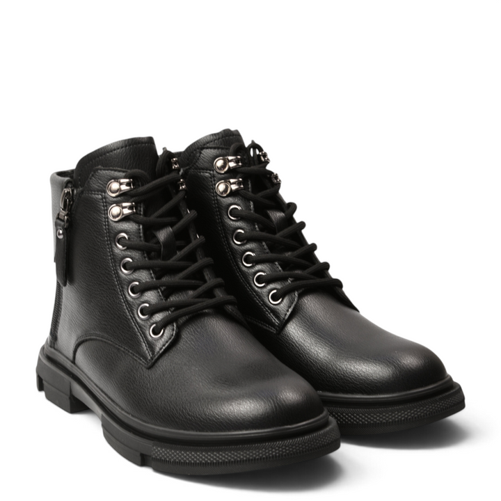 ada-shoes.ro Pass Collection black leather ankle boots with laces, side zipper, and metal trekking-style hooks.