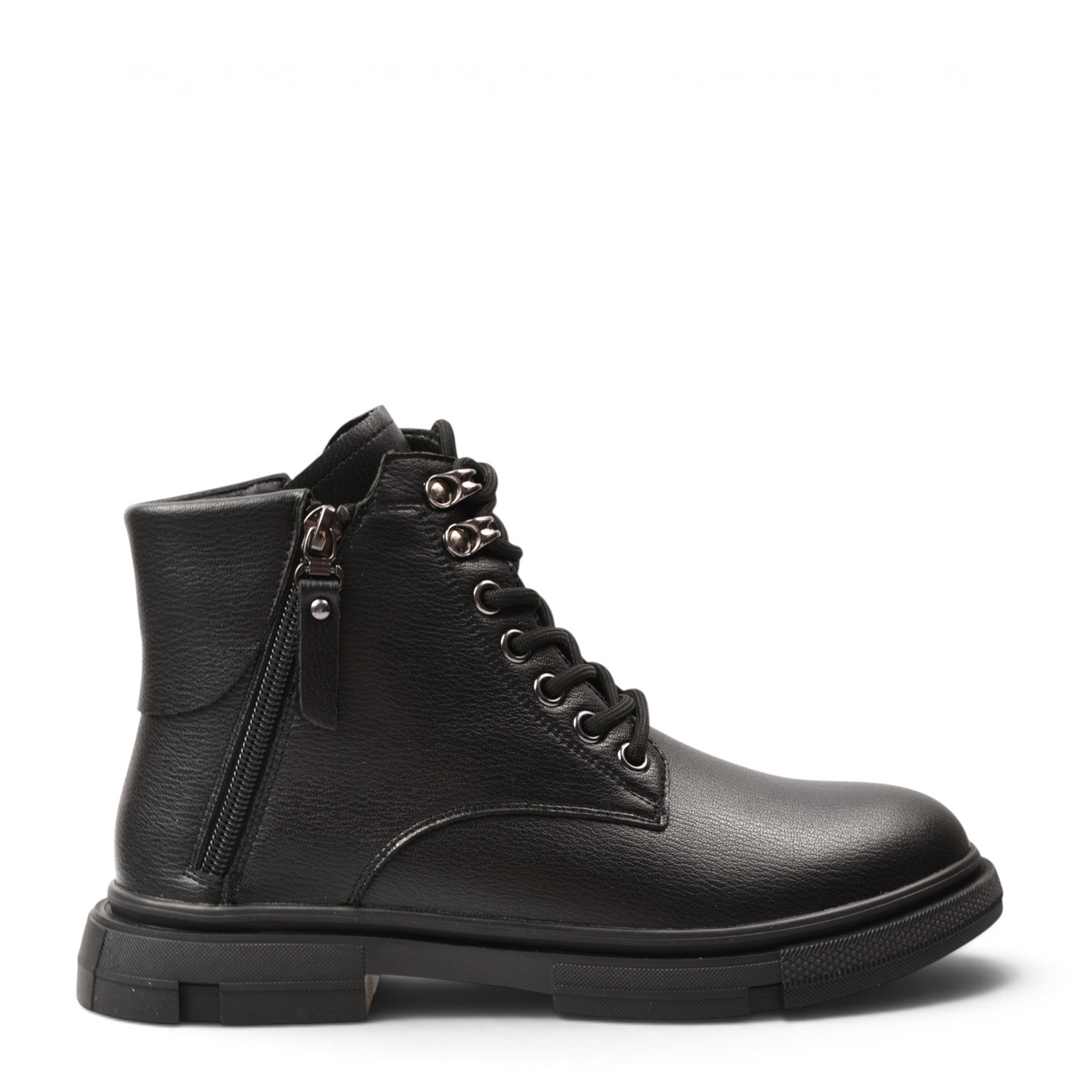 ada-shoes.ro Pass Collection black leather ankle boots with side zipper, lace-up front, and trekking-style hooks.